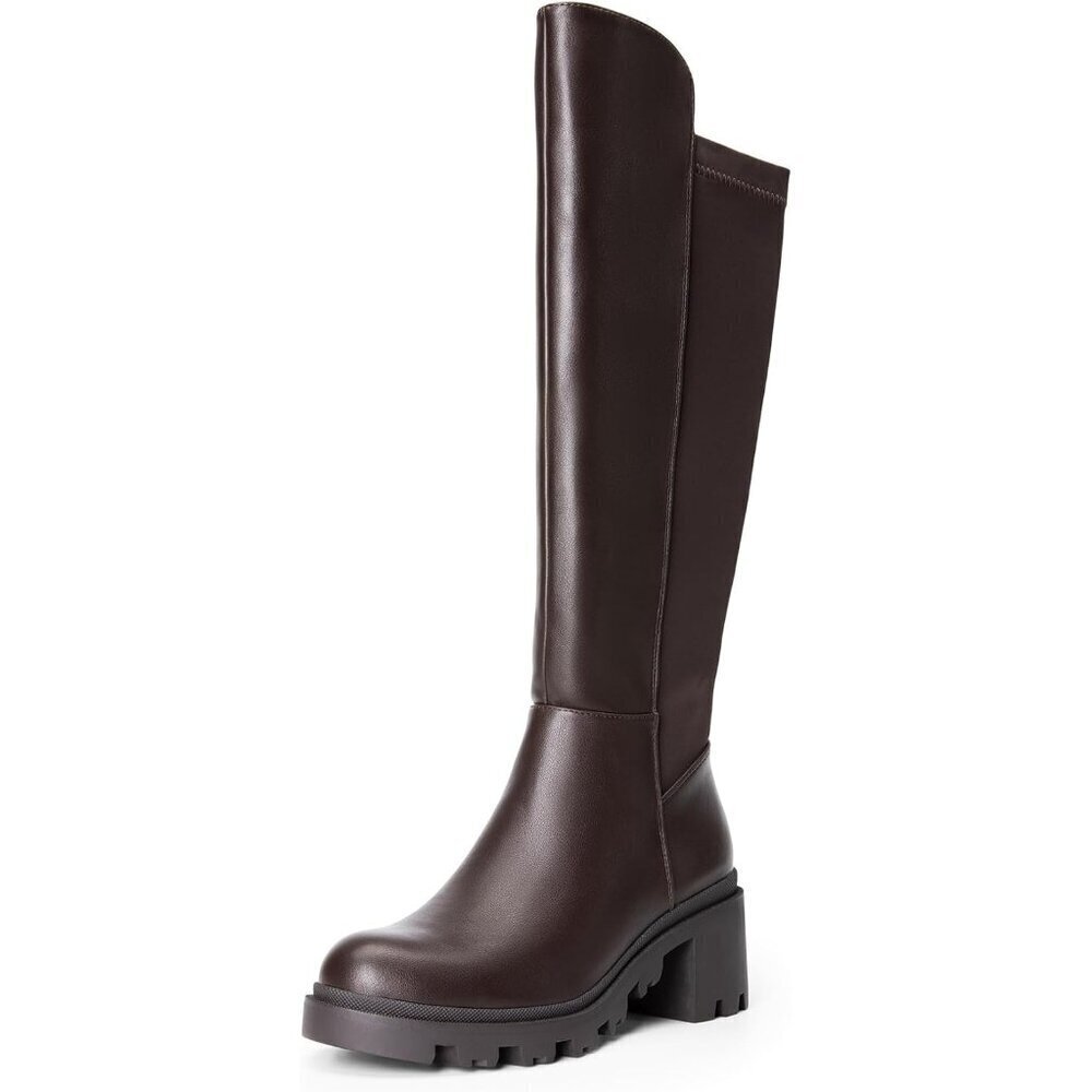 🆕Women's Brown-pu Knee High Comfortable Platform Heel Round Toe Stretch Boots